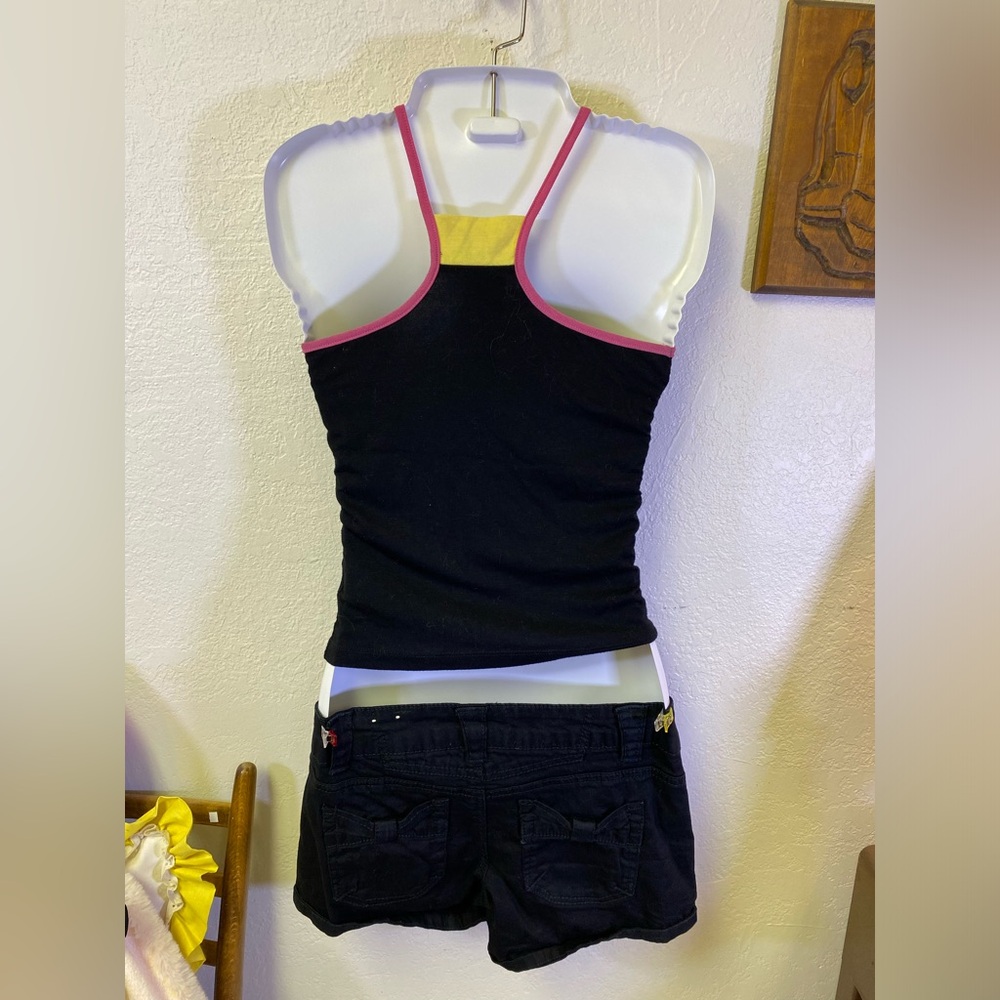 Y2K Outfit Low Rise Black Shorts Coquette Top Kawaii Bows Buttons XS 3 Juniors - Picture 6 of 16